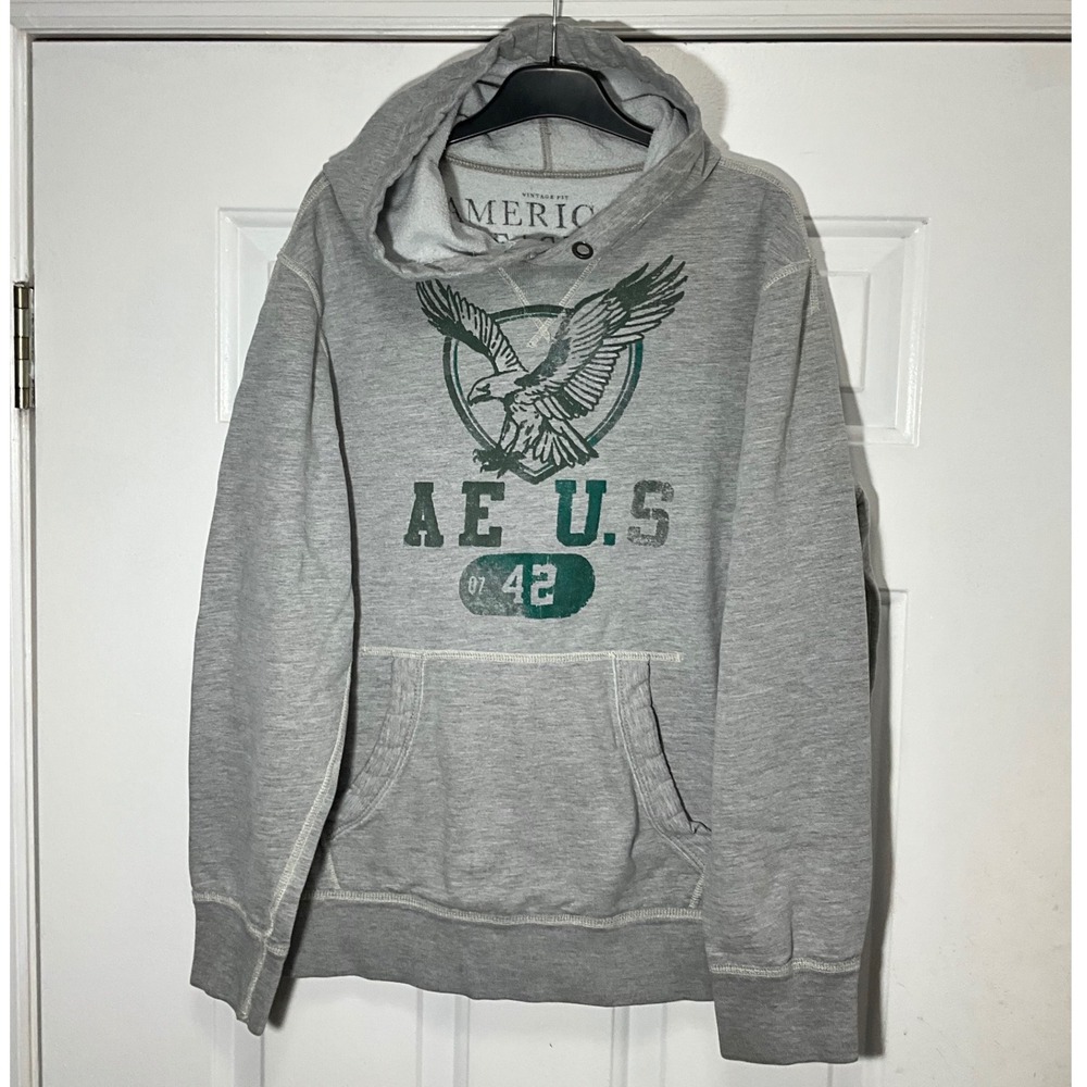 American Eagle Outfitters Mens Gray Graphic Hoodie Vintage Fit Eagle Logo Large